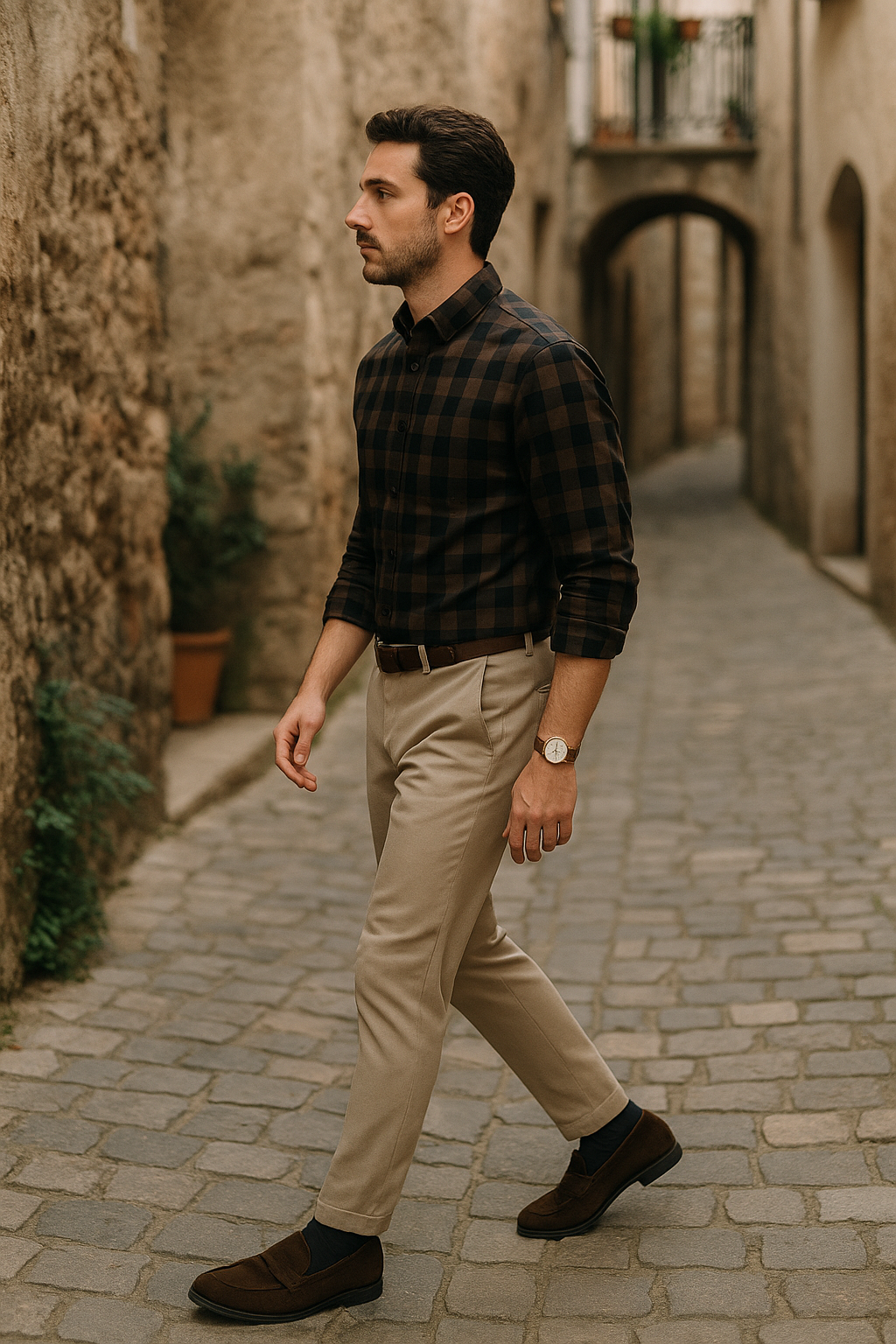Men's Slim Fit Checked Button-Down Casual Shirt - Brown