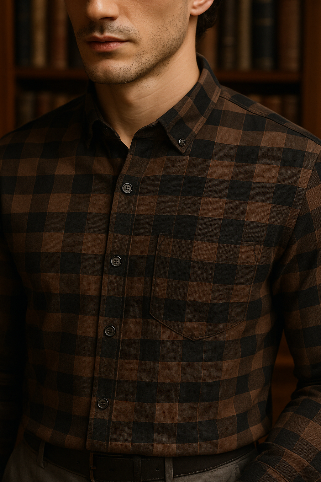 Men's Slim Fit Checked Button-Down Casual Shirt - Brown