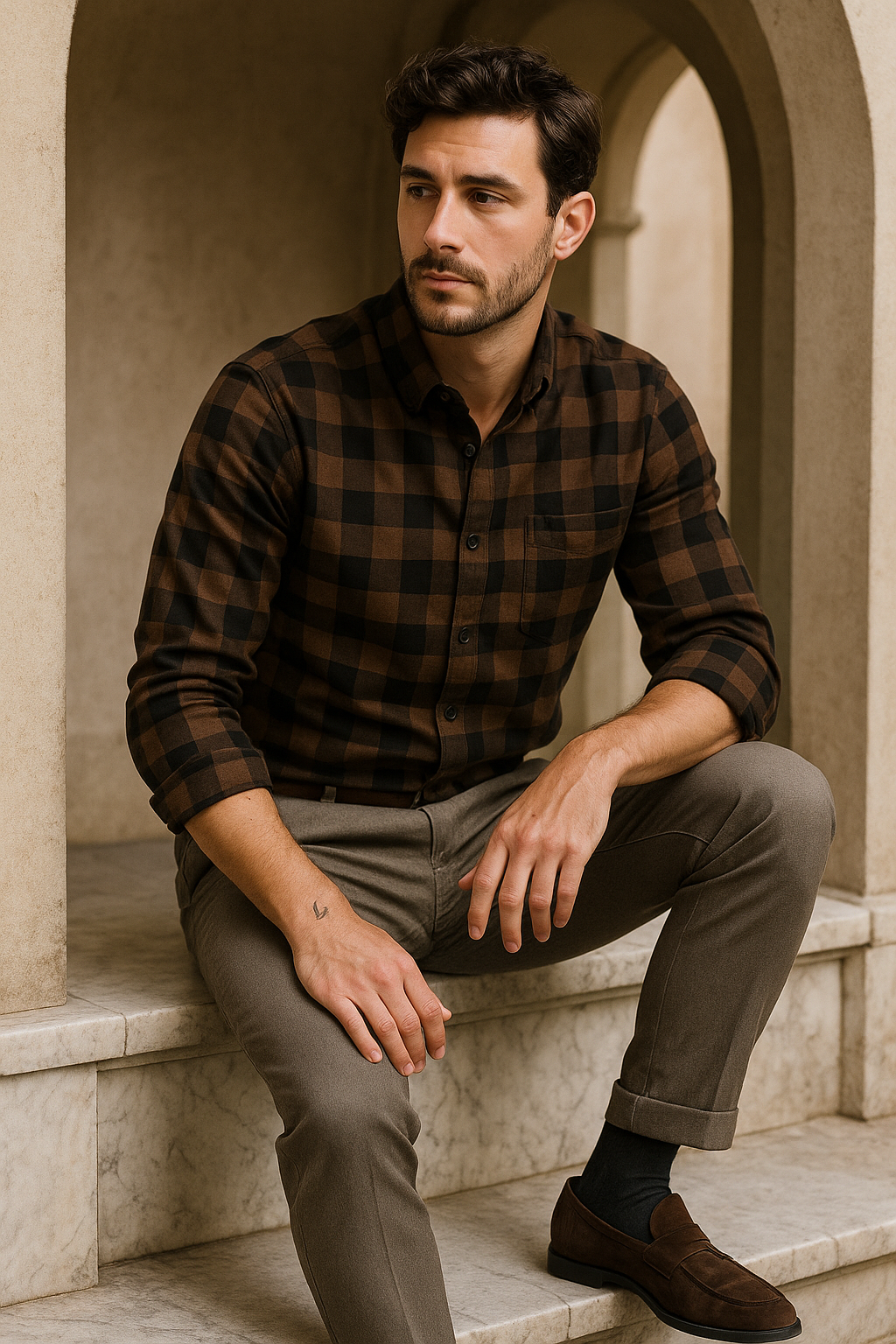 Men's Slim Fit Checked Button-Down Casual Shirt - Brown