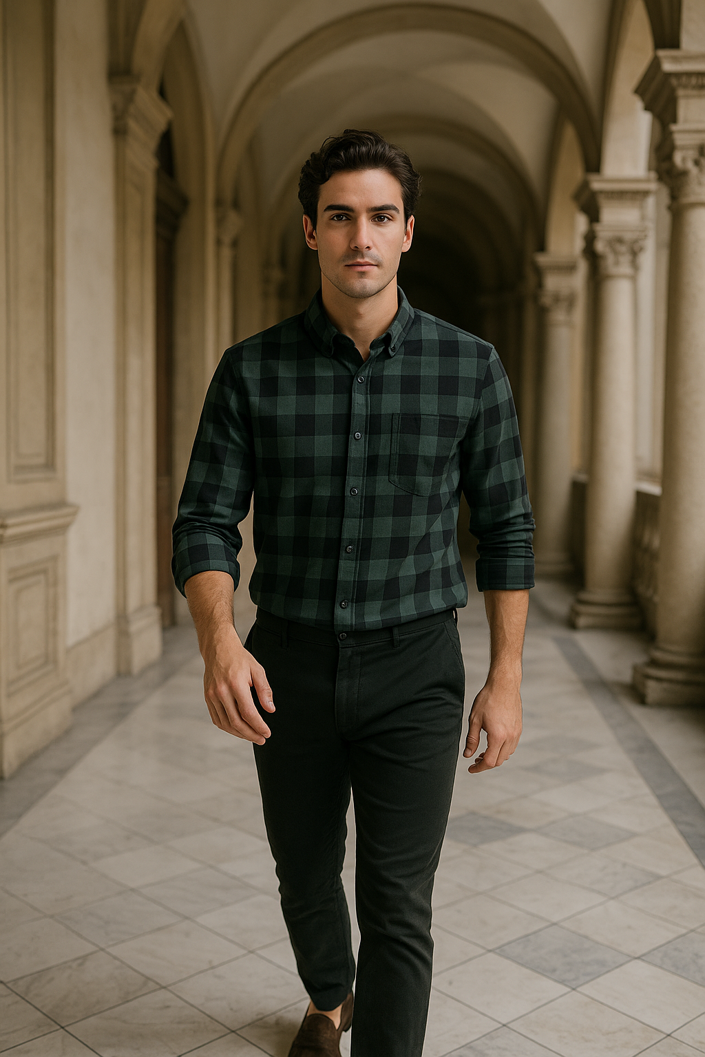 Men's Slim Fit Checked Button-Down Casual Shirt - Green