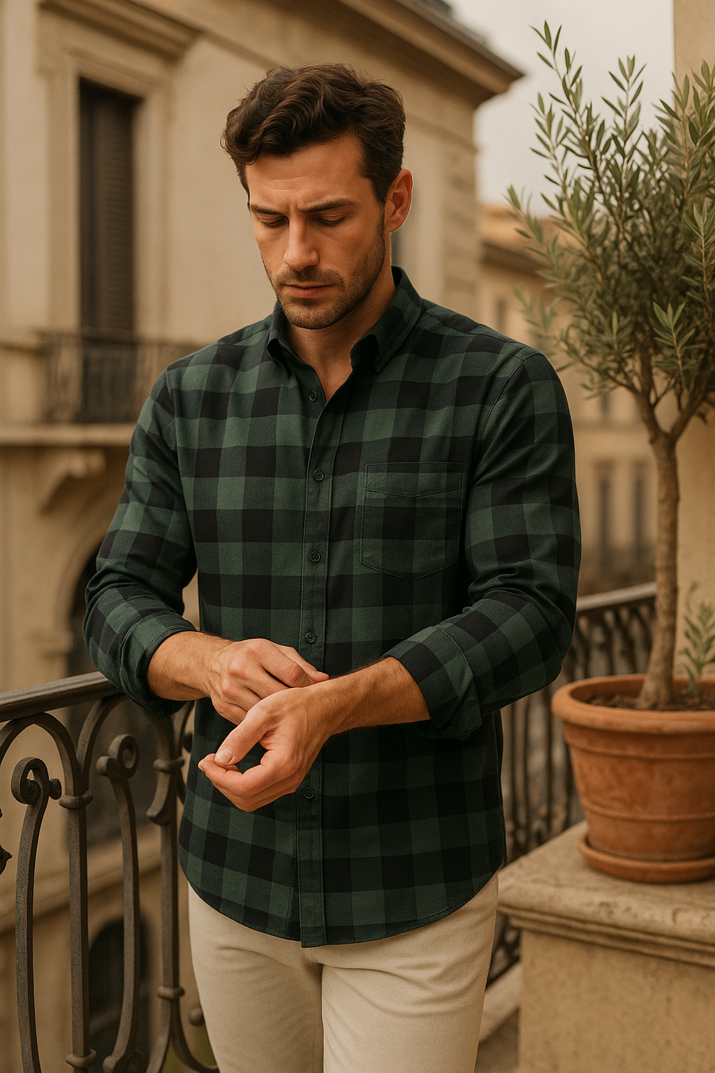 Men's Slim Fit Checked Button-Down Casual Shirt - Green