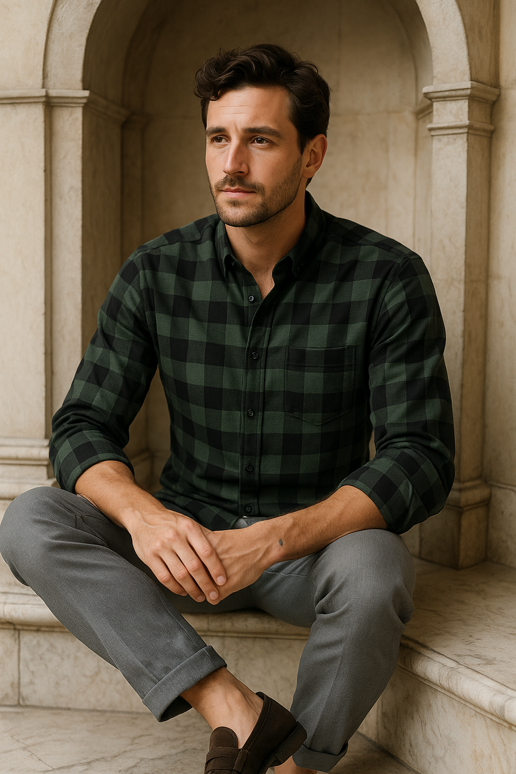 Men's Slim Fit Checked Button-Down Casual Shirt - Green