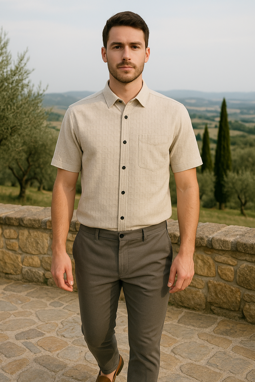 Men's Half-Sleeve Textured Shirt - Beige