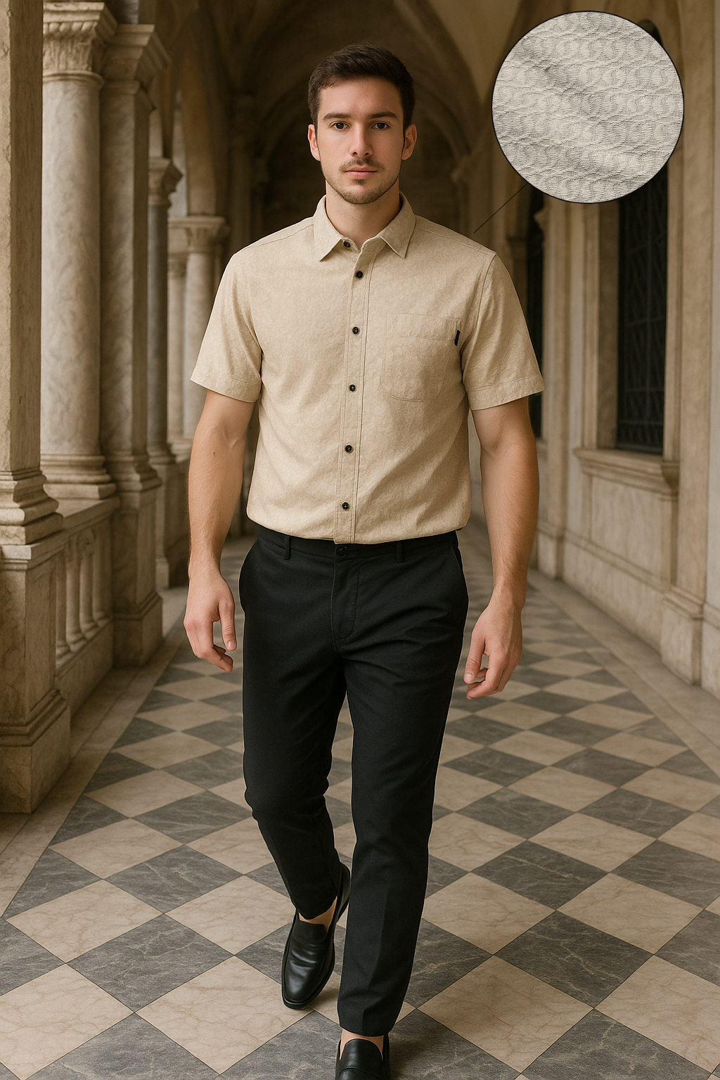 Men's Half-Sleeve Textured Shirt - Beige