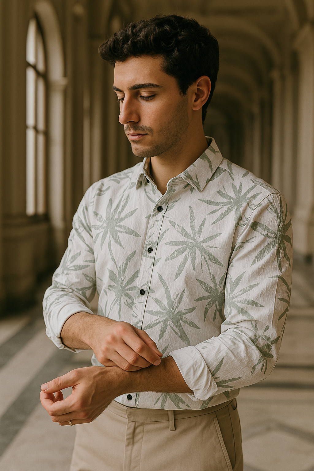 Men's Slim Fit Floral Button-Down Casual Shirt - Green