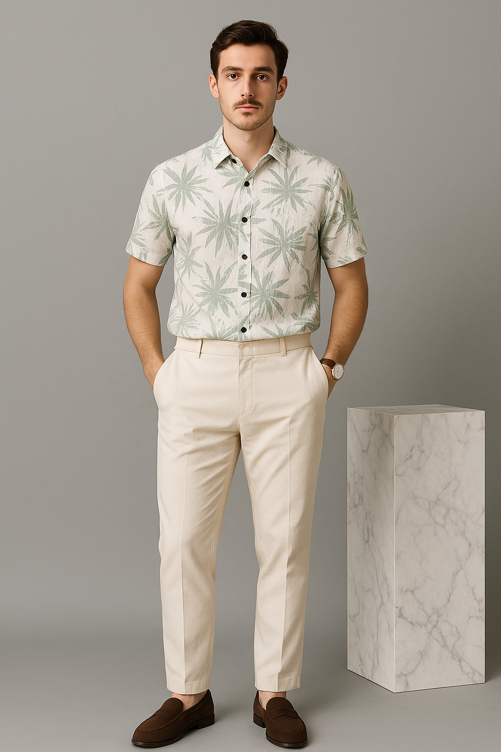 Men's Slim Fit Floral Button-Down Casual Shirt - Green