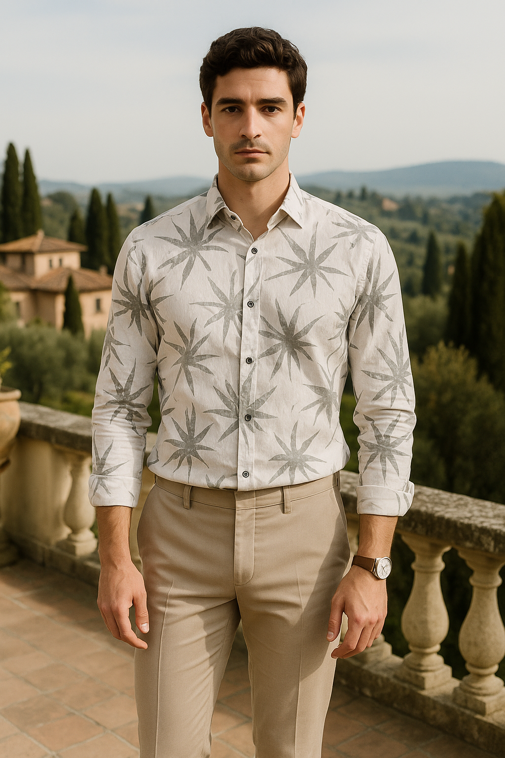 Men's Slim Fit Floral Button-Down Casual Shirt - Grey