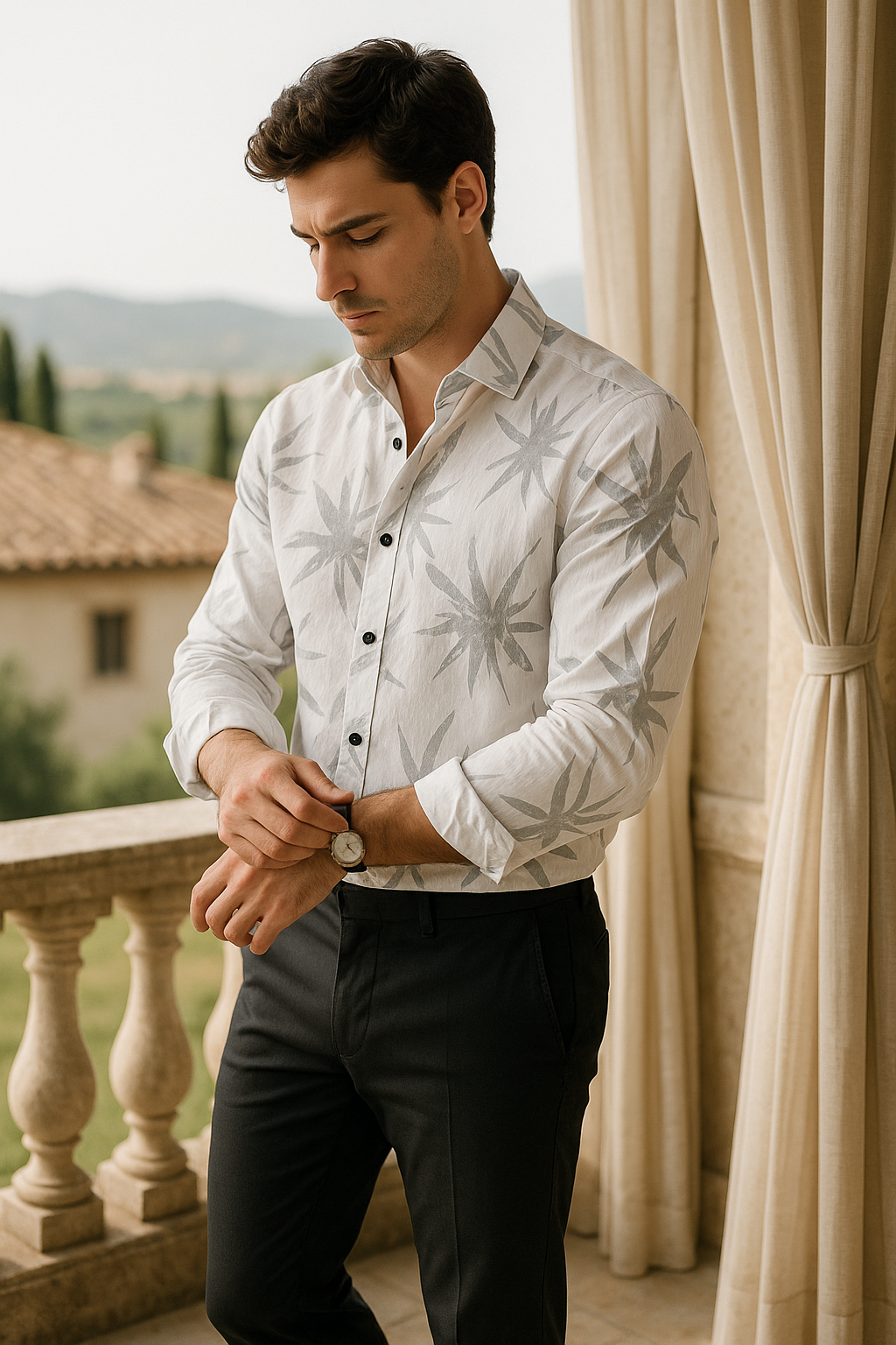 Men's Slim Fit Floral Button-Down Casual Shirt - Grey