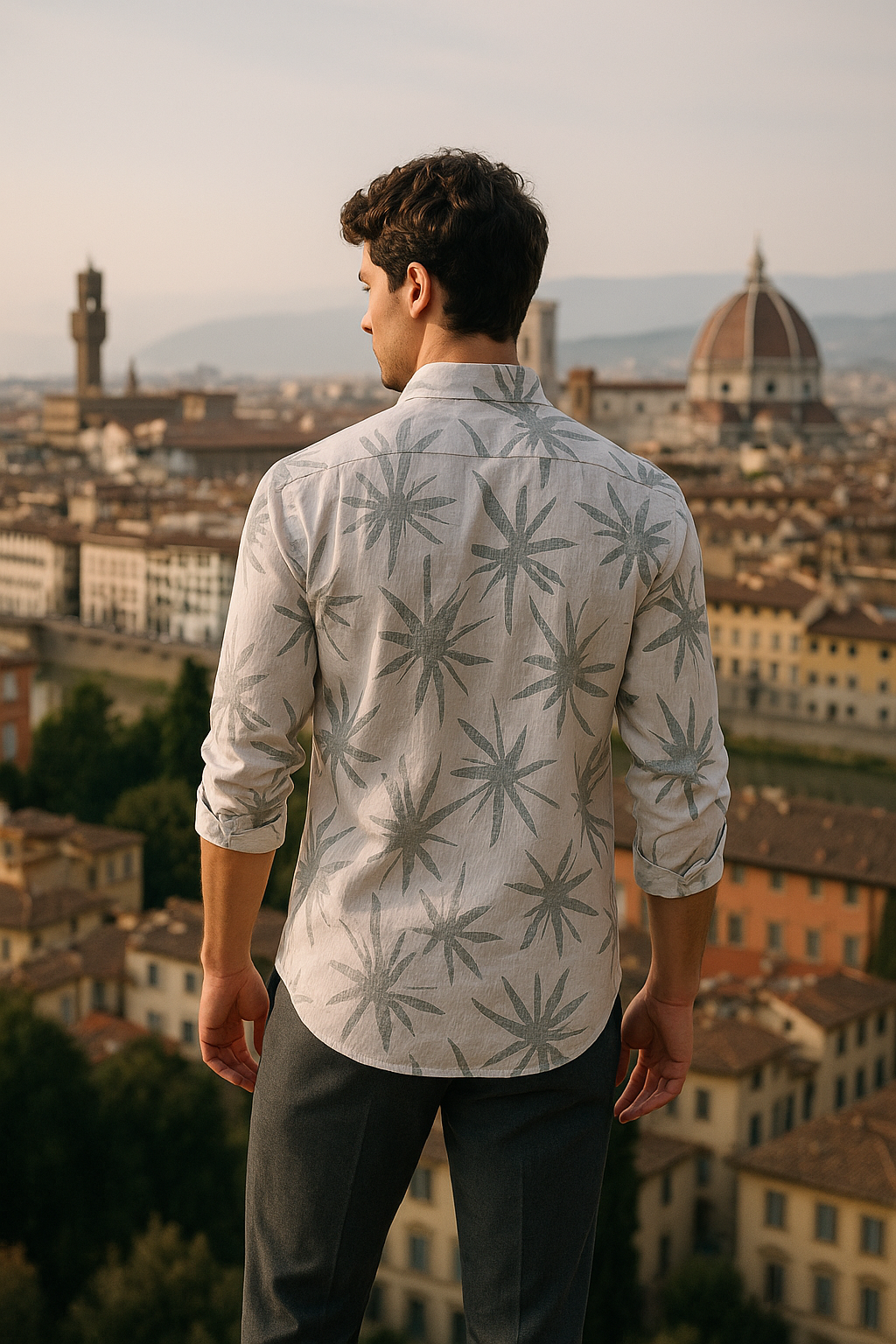 Men's Slim Fit Floral Button-Down Casual Shirt - Grey