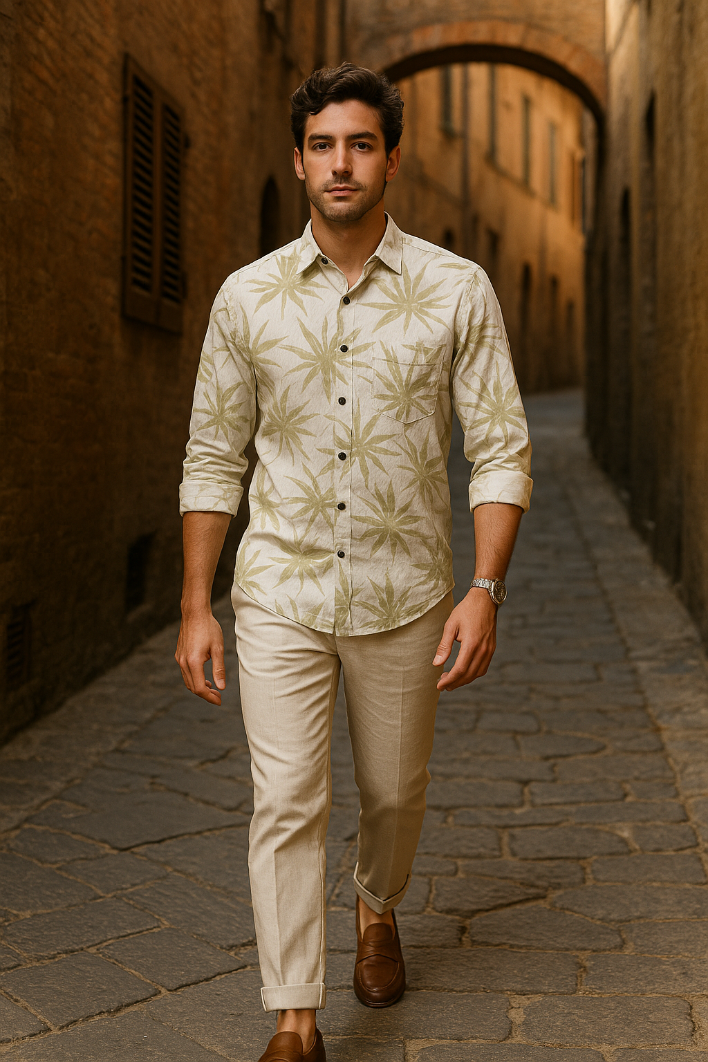 Men's Slim Fit Floral Button-Down Casual Shirt - Pear Green