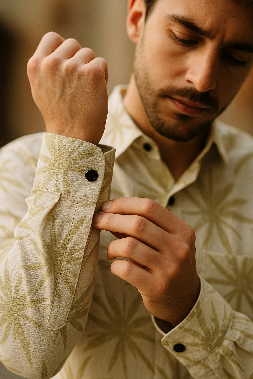 Men's Slim Fit Floral Button-Down Casual Shirt - Pear Green