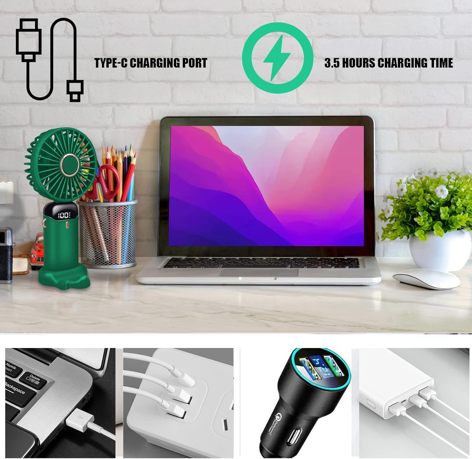 Rechargeable Desk Mini Fan, Portable Handheld Table Fan, Clooing Fan for Men & Women, USB Powered Quiet Personal Fan with LED Display,5 Speed for Home Office Travel (LIGHT PINK)