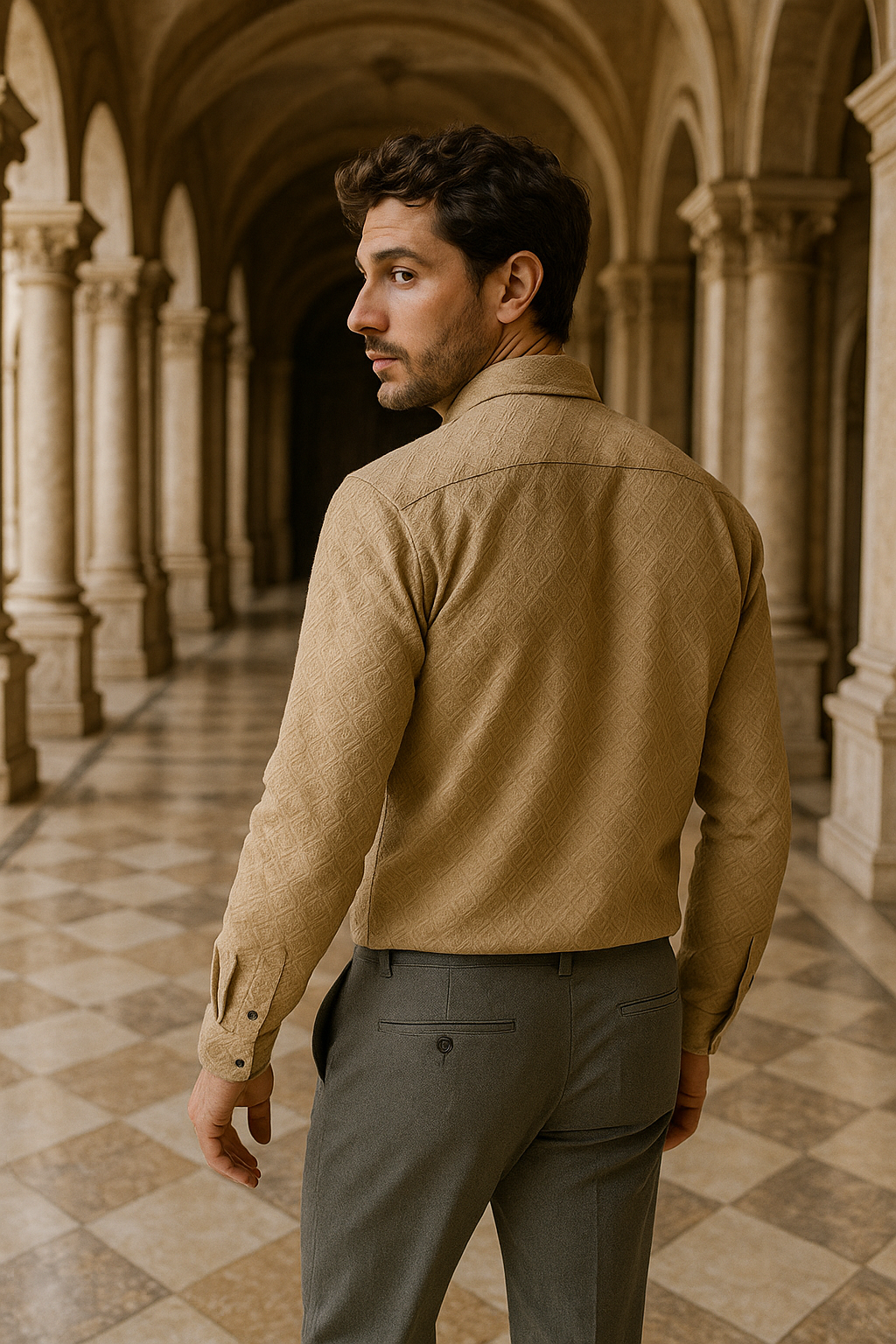 Men's Full-Sleeve Textured Shirt - Beige
