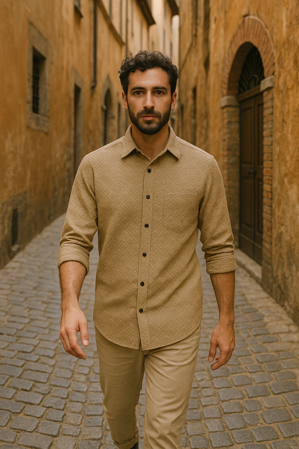 Men's Full-Sleeve Textured Shirt - Beige
