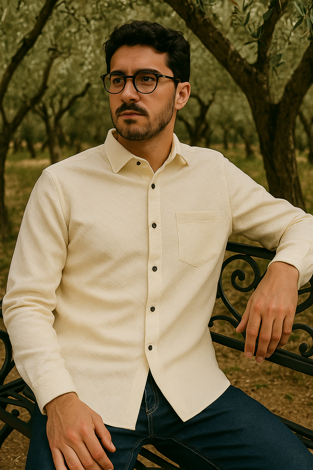 Men's Full-Sleeve Textured Shirt - Cream