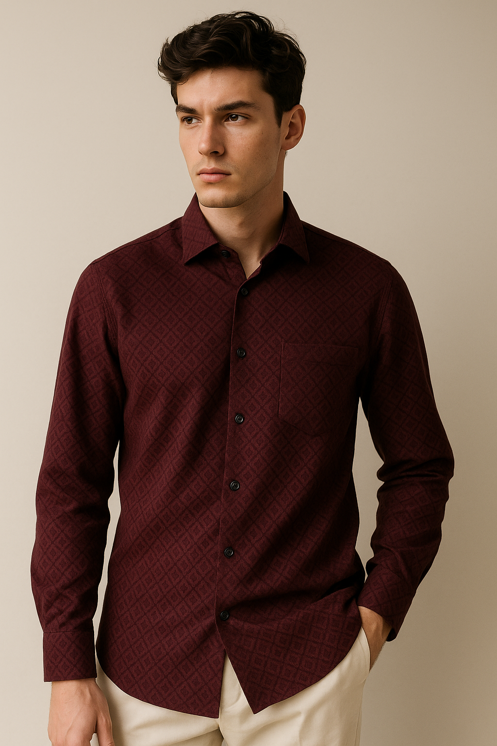Men's Full-Sleeve Textured Shirt - Maroon