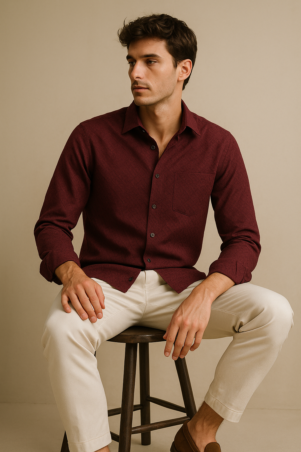 Men's Full-Sleeve Textured Shirt - Maroon