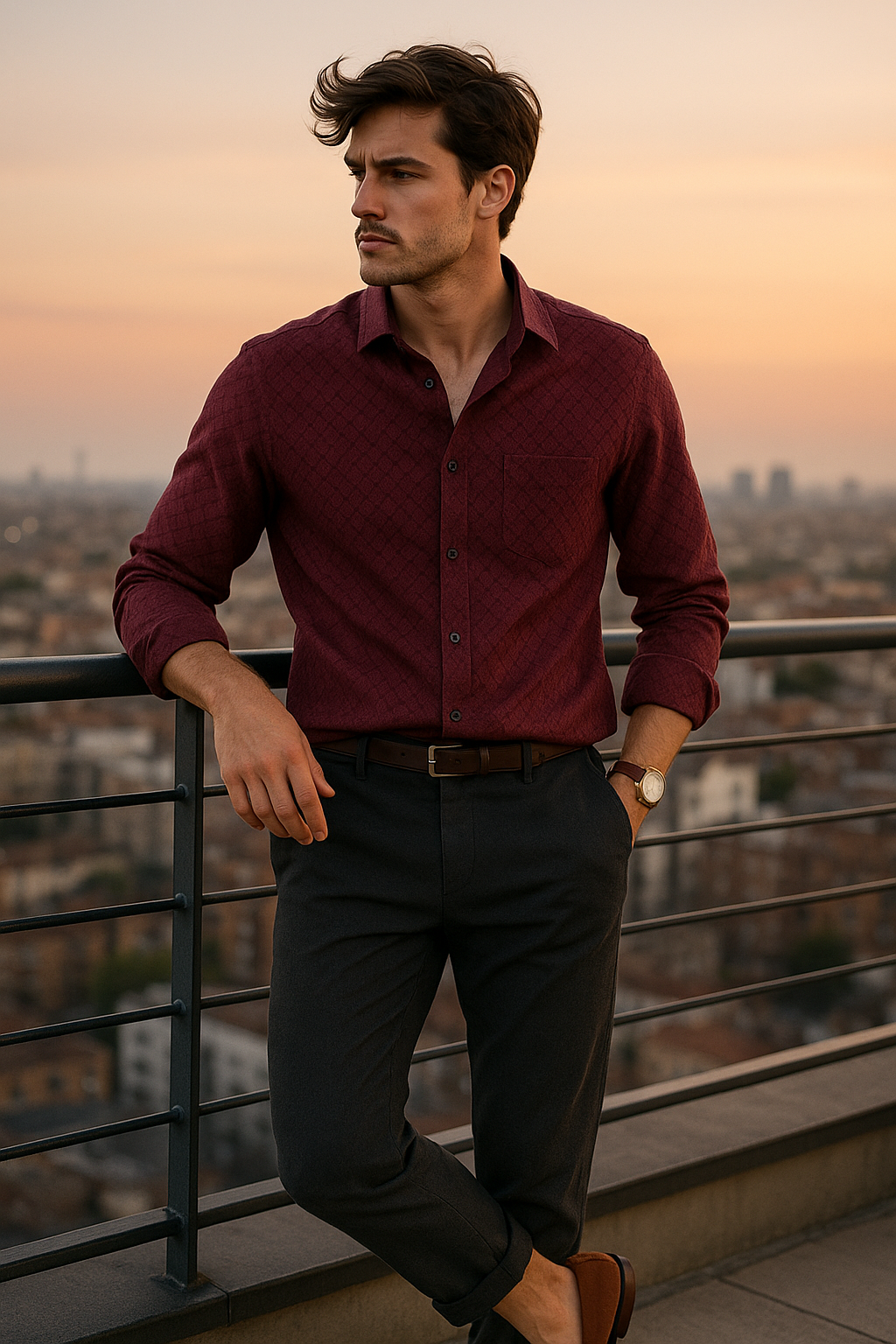 Men's Full-Sleeve Textured Shirt - Maroon