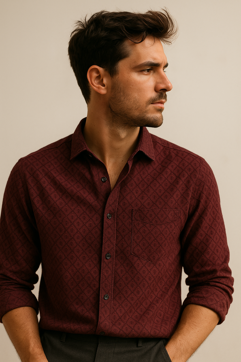 Men's Full-Sleeve Textured Shirt - Maroon