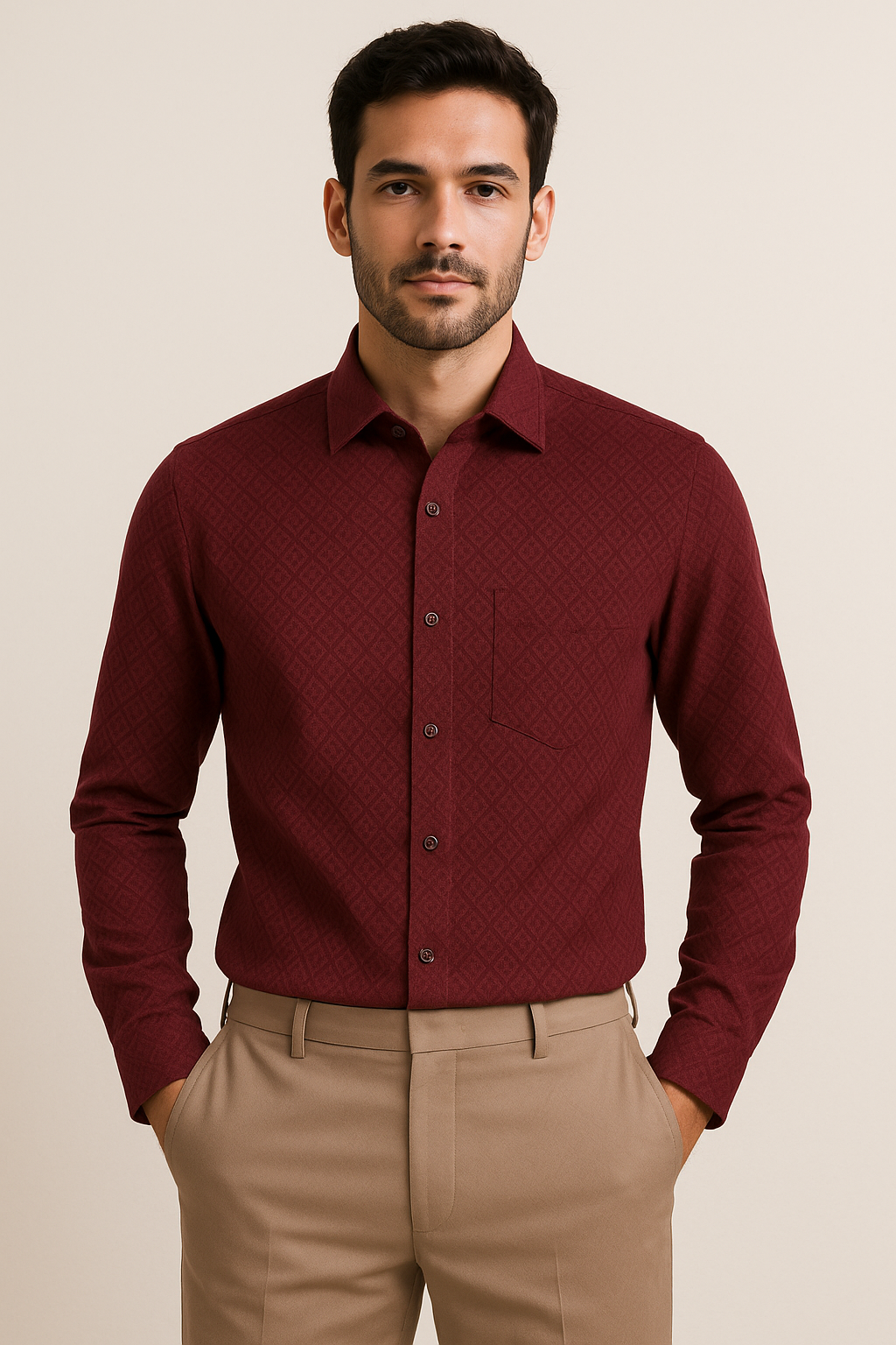 Men's Full-Sleeve Textured Shirt - Maroon