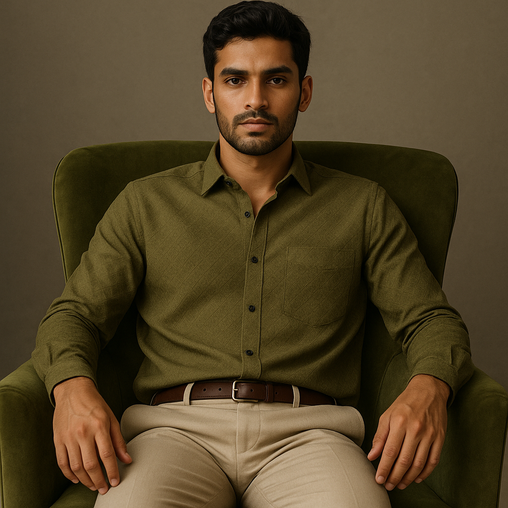 Men's Full-Sleeve Textured Shirt - Olive Green