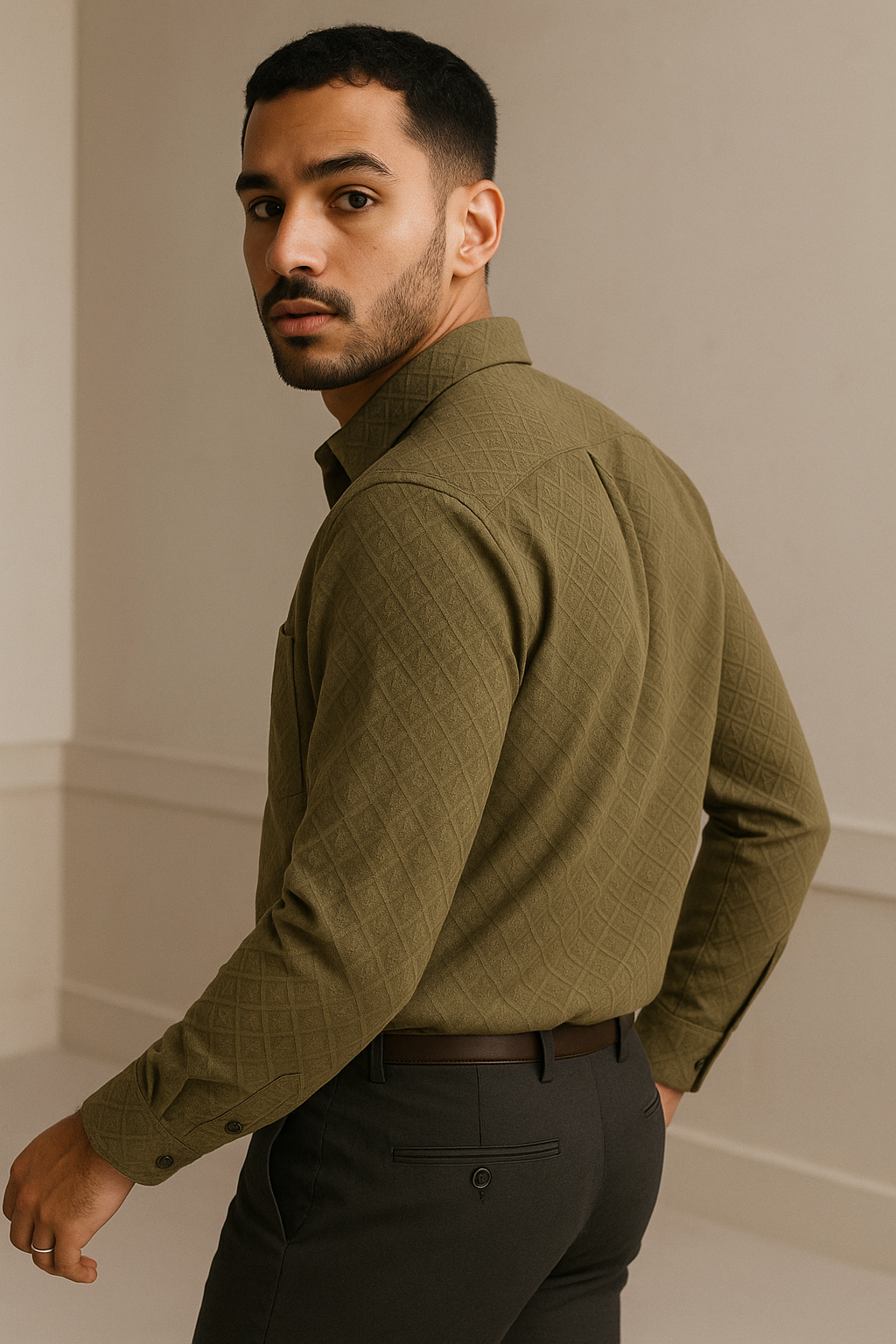 Men's Full-Sleeve Textured Shirt - Olive Green