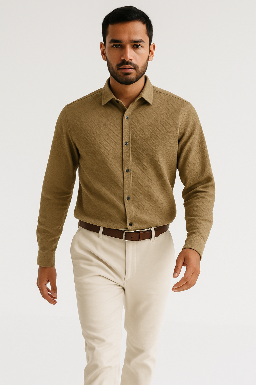 Men's Full-Sleeve Textured Shirt - Olive Green