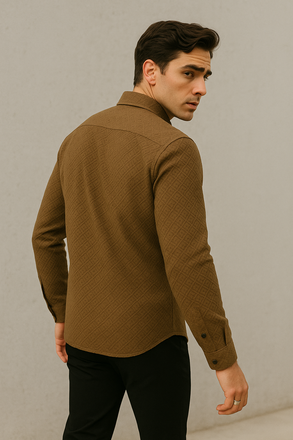 Men's Full-Sleeve Textured Shirt - Olive Green