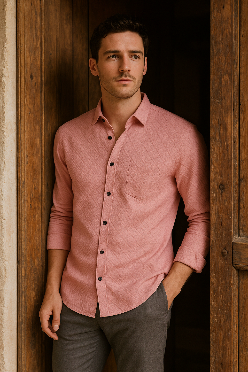 Men's Full-Sleeve Textured Shirt - Pink