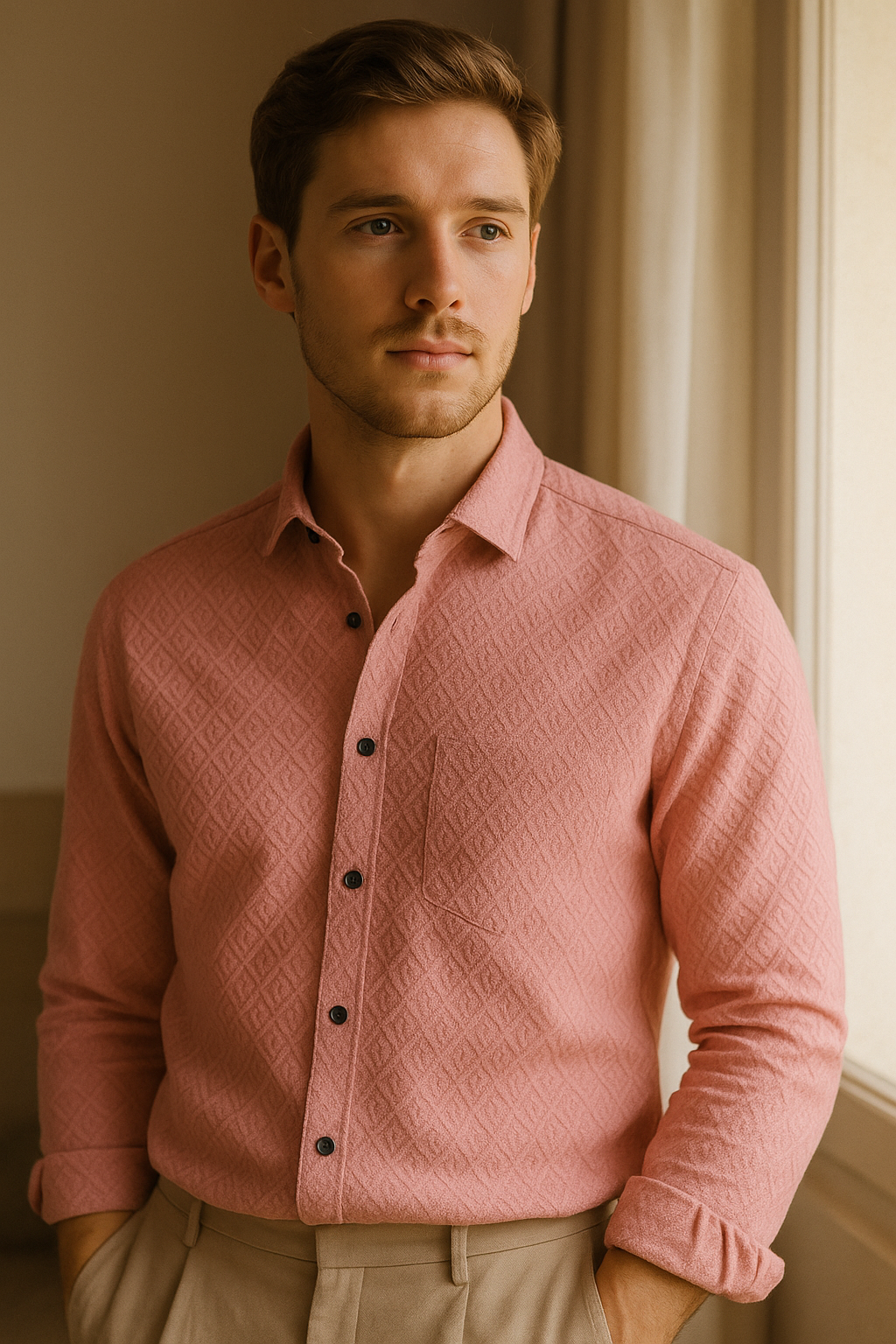 Men's Full-Sleeve Textured Shirt - Pink