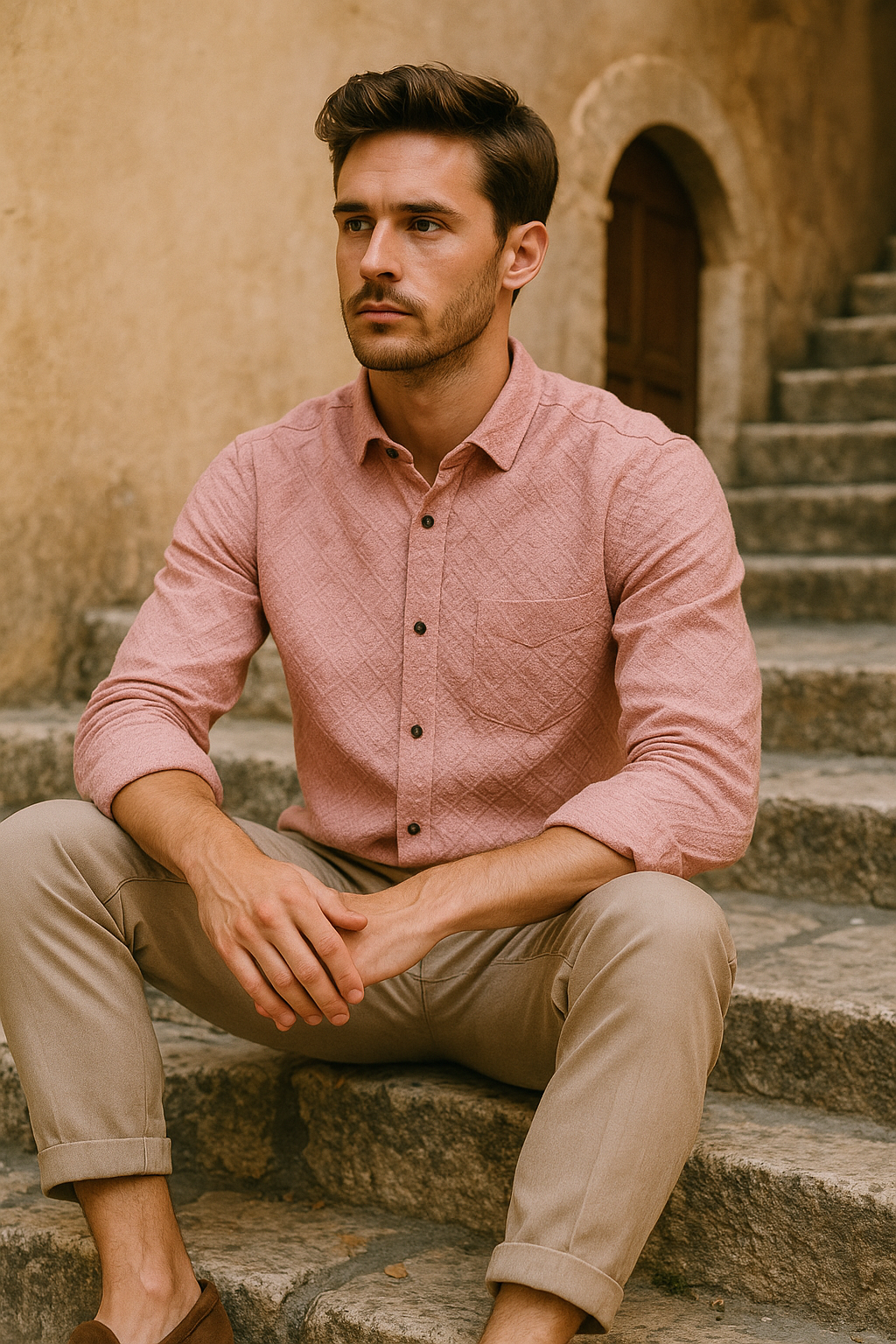 Men's Full-Sleeve Textured Shirt - Pink