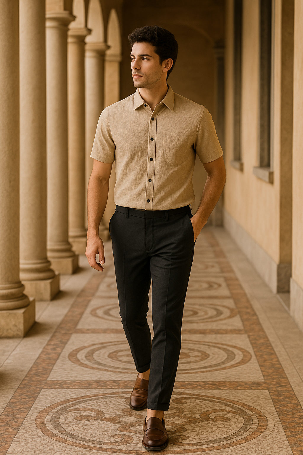 Men's Half-Sleeve Vertical Textured Shirt - Beige