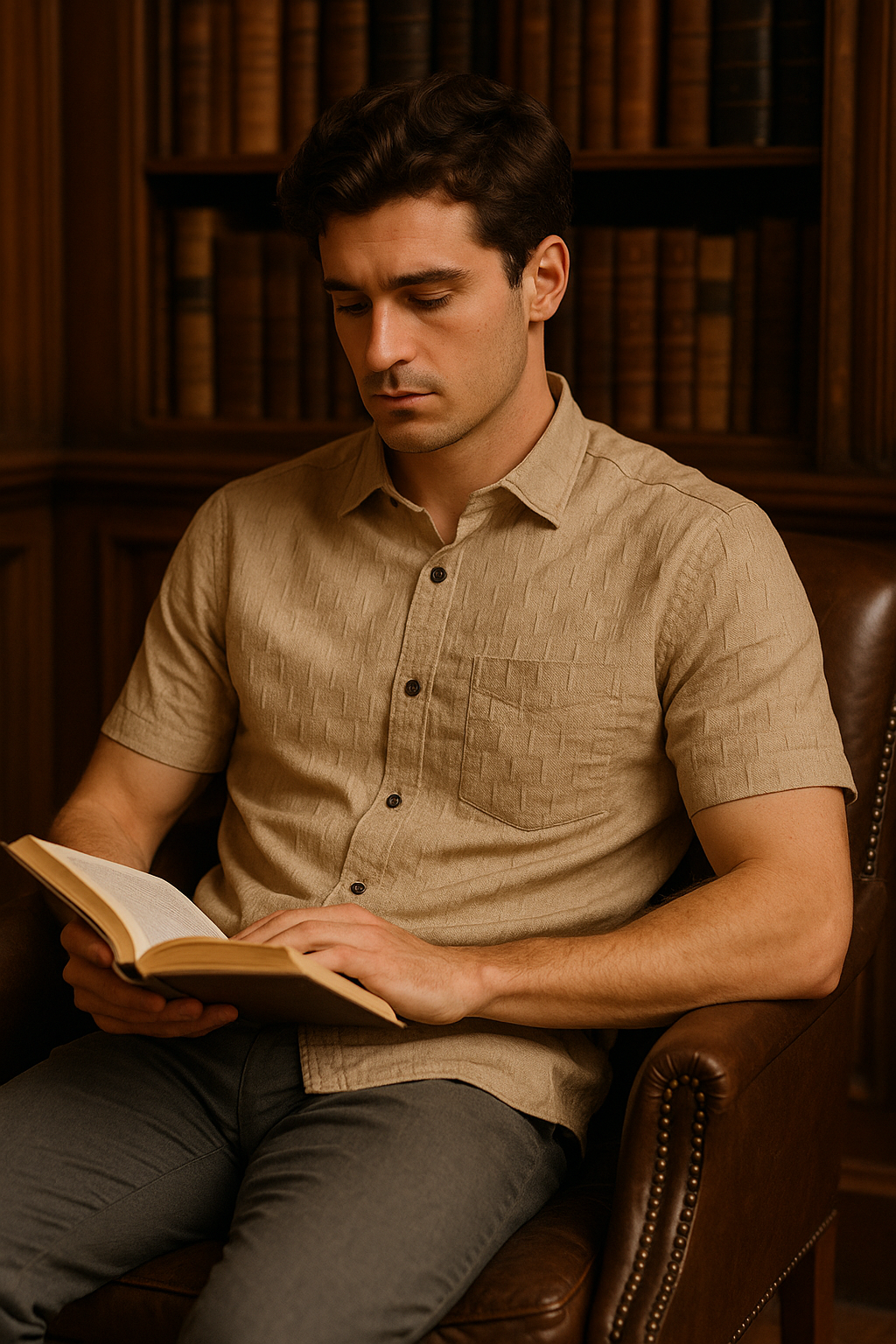 Men's Half-Sleeve Vertical Textured Shirt - Beige