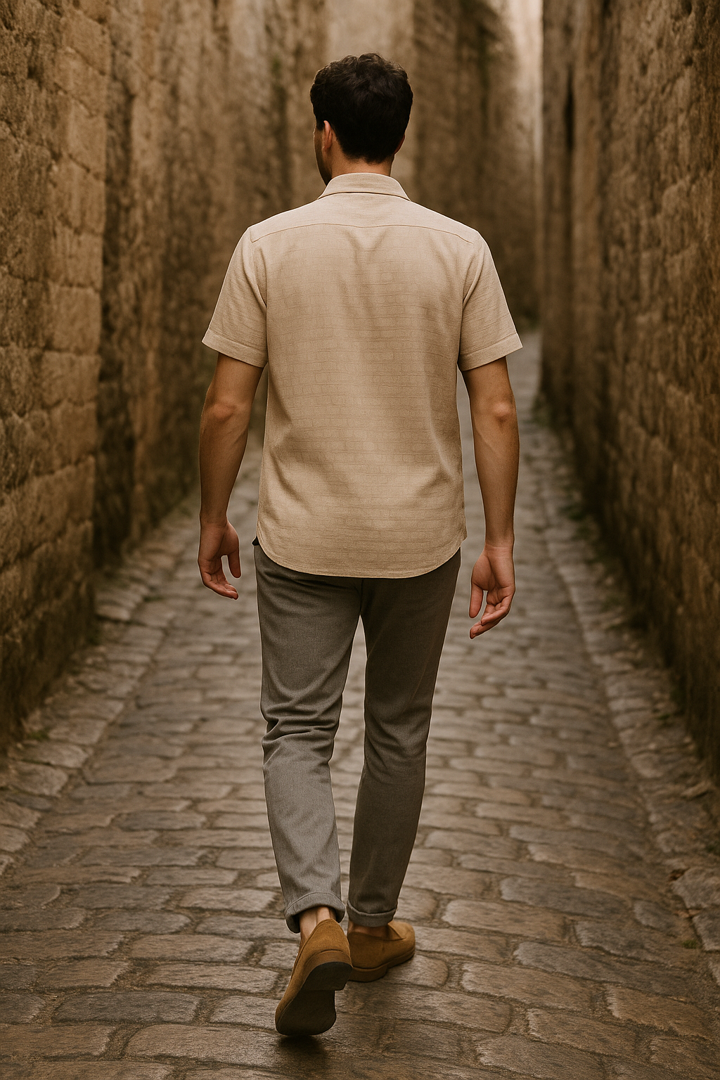 Men's Half-Sleeve Vertical Textured Shirt - Beige