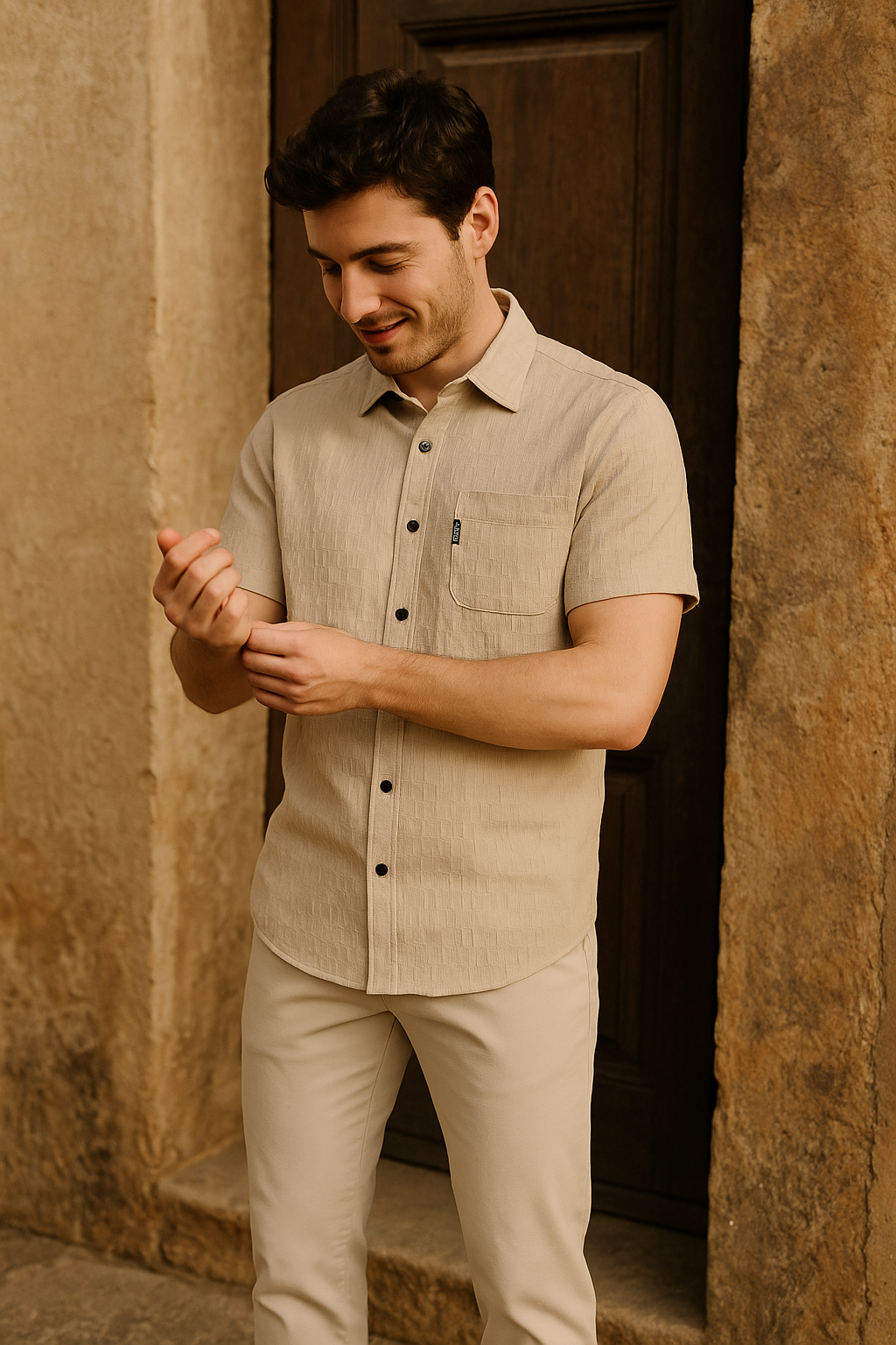 Men's Half-Sleeve Vertical Textured Shirt - Beige