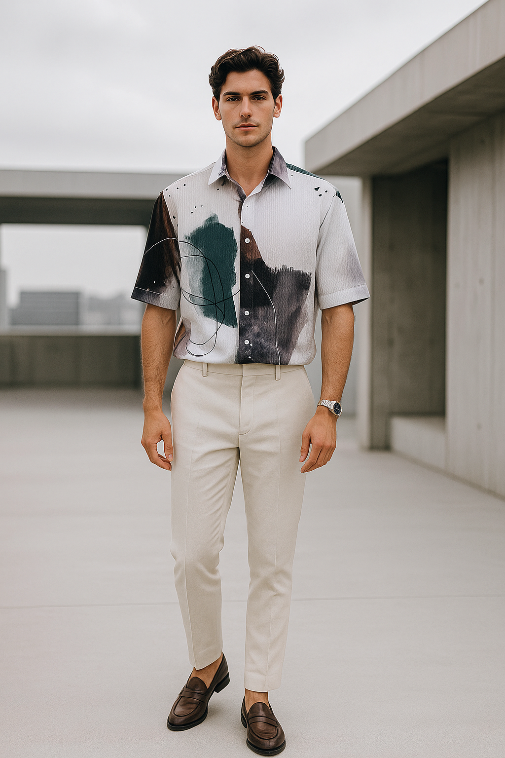 Men's Half-Sleeve Printed Shirt - Abstract Brushstroke White