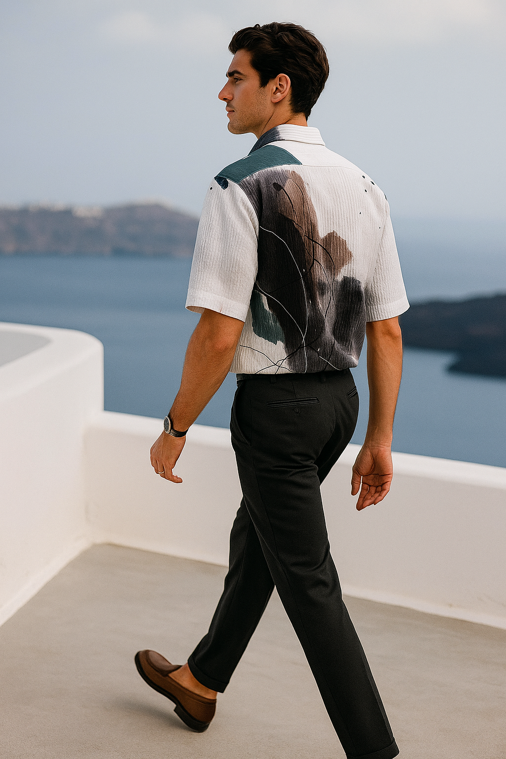 Men's Half-Sleeve Printed Shirt - Abstract Brushstroke White