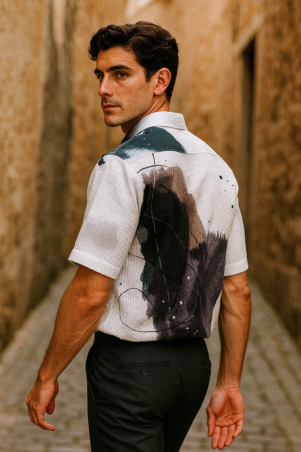 Men's Half-Sleeve Printed Shirt - Abstract Brushstroke White