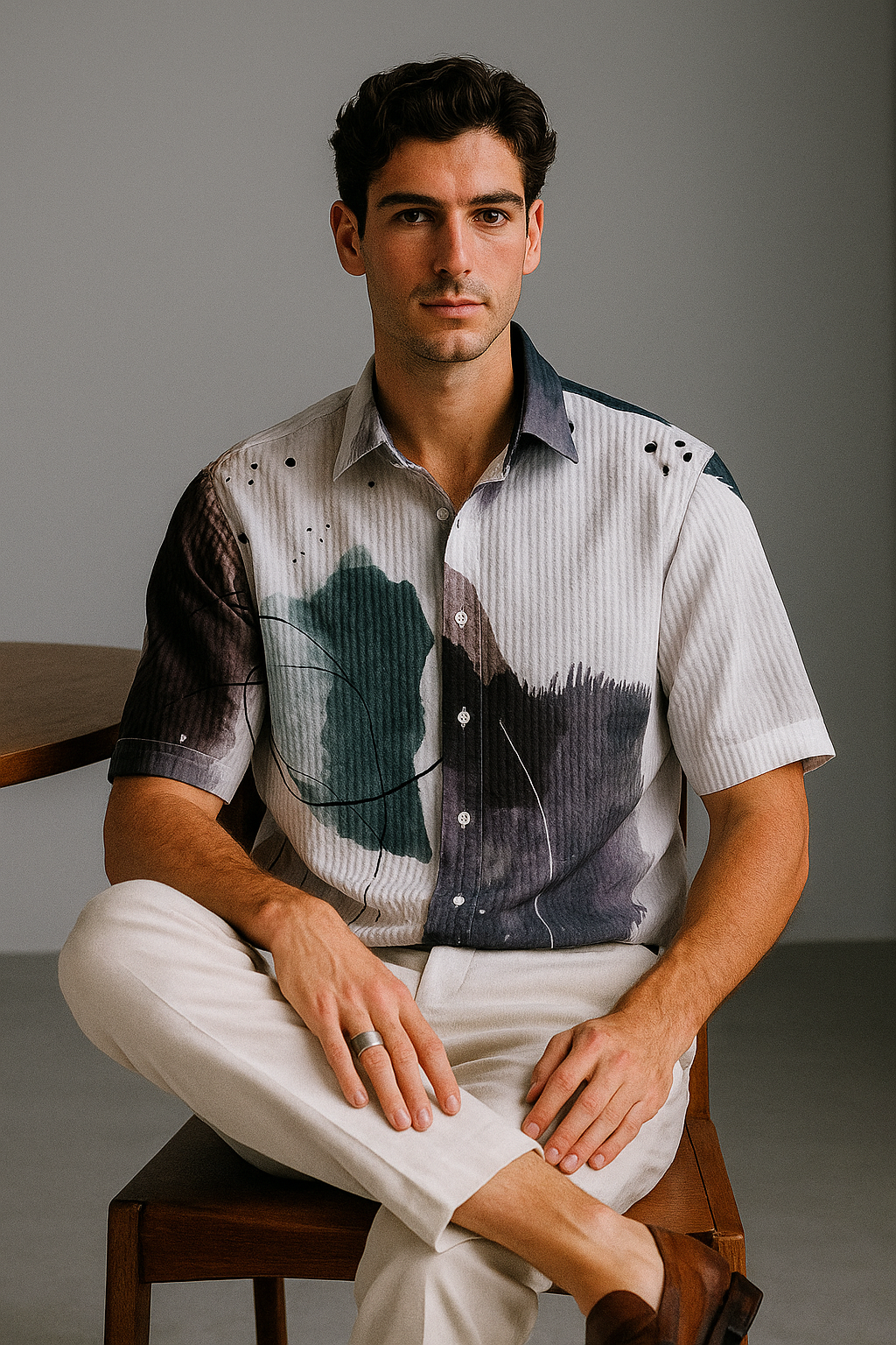 Men's Half-Sleeve Printed Shirt - Abstract Brushstroke White