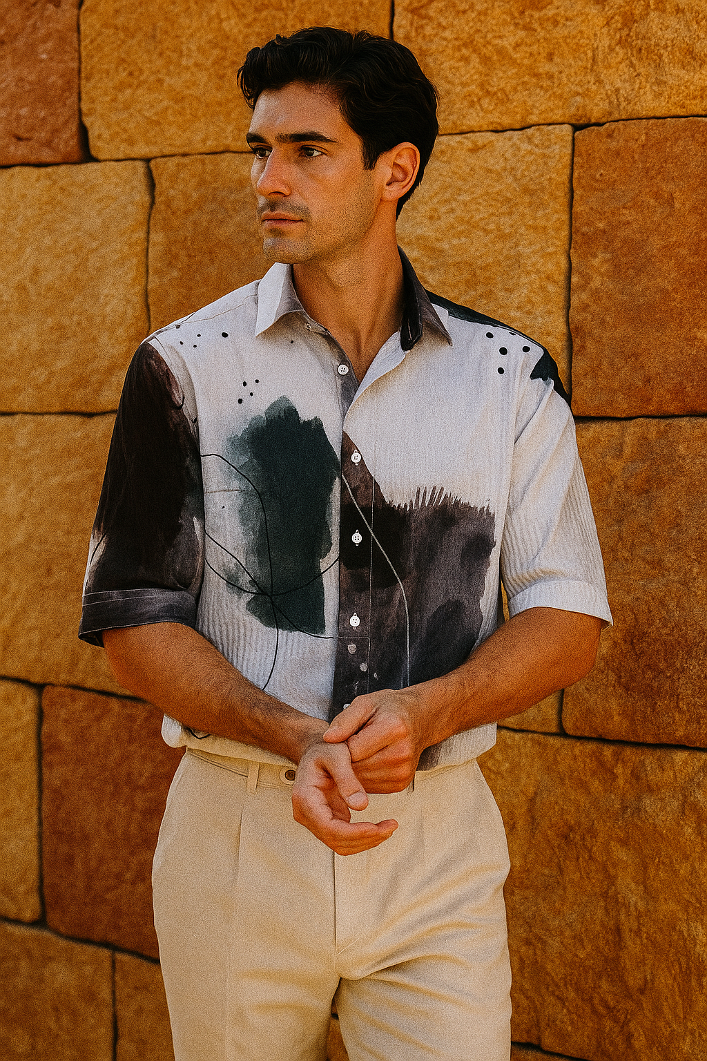 Men's Half-Sleeve Printed Shirt - Abstract Brushstroke White