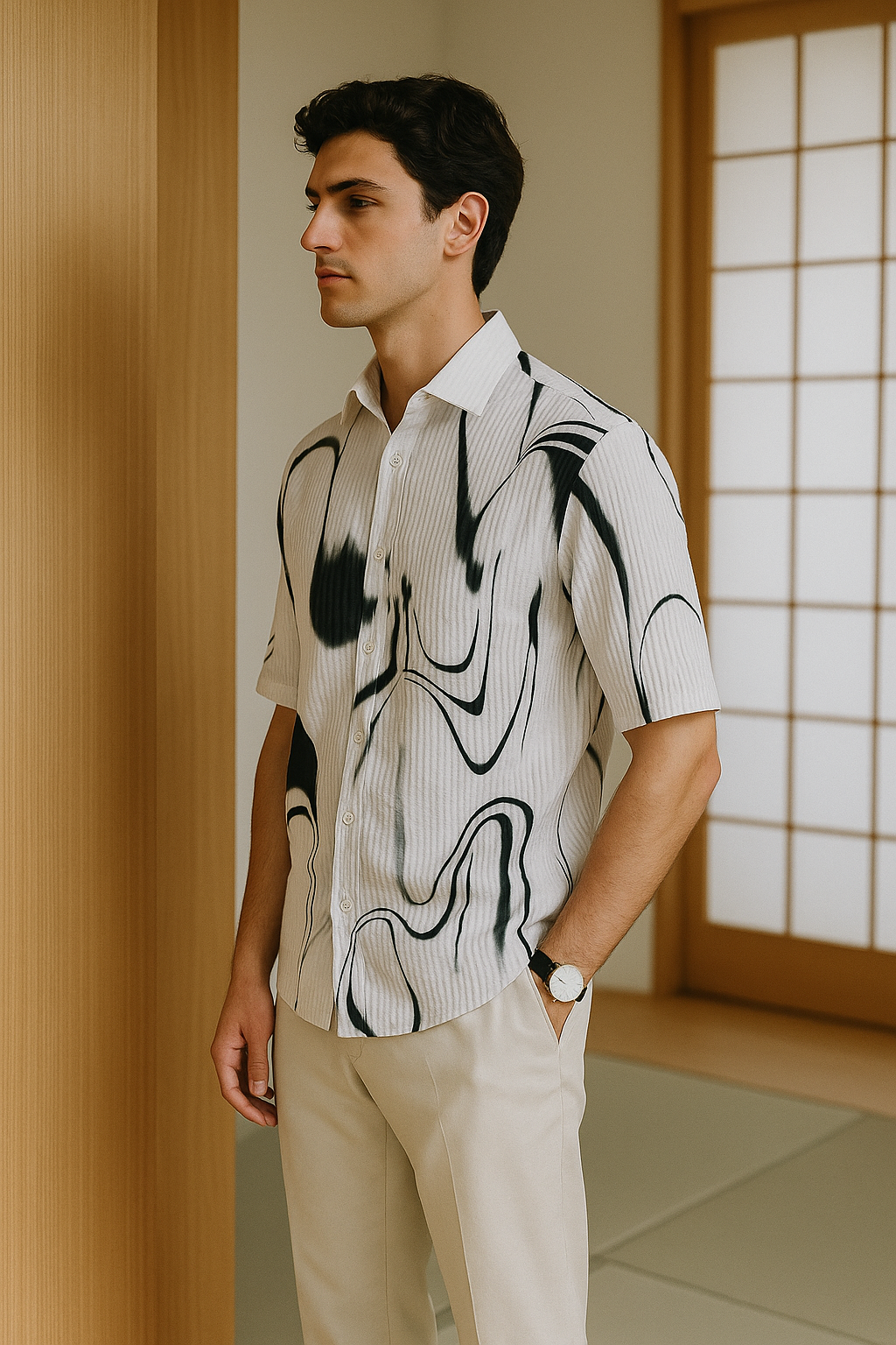 Men's Half-Sleeve Textured Shirt – Abstract Black Print on White