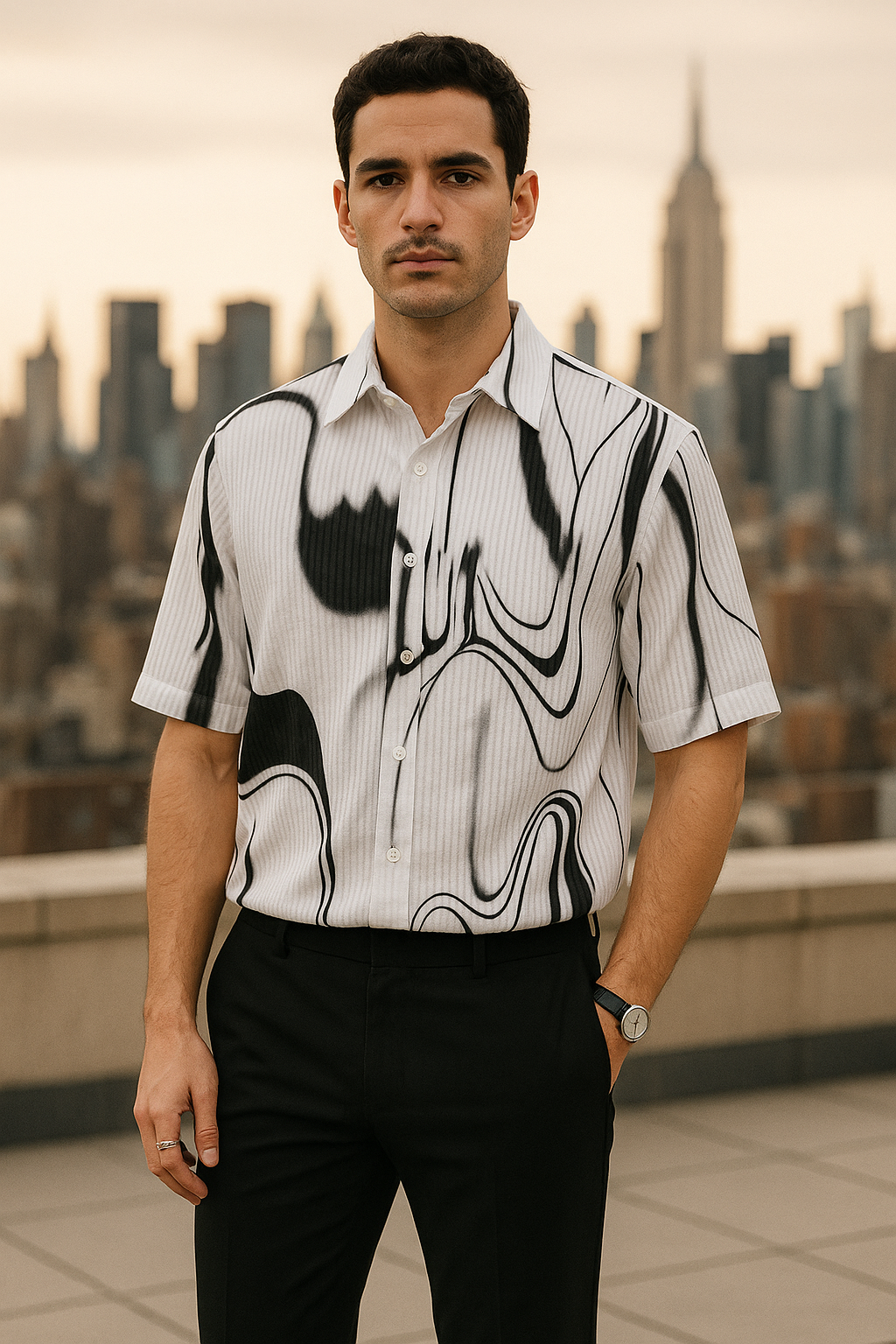 Men's Half-Sleeve Textured Shirt – Abstract Black Print on White