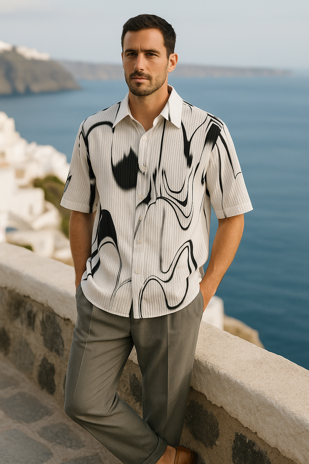 Men's Half-Sleeve Textured Shirt – Abstract Black Print on White