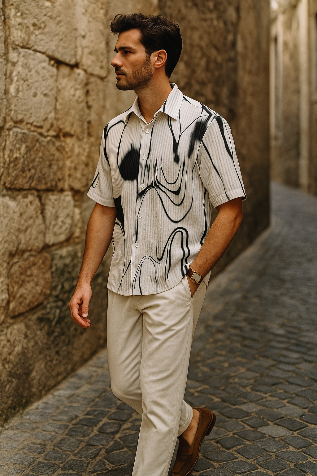Men's Half-Sleeve Textured Shirt – Abstract Black Print on White