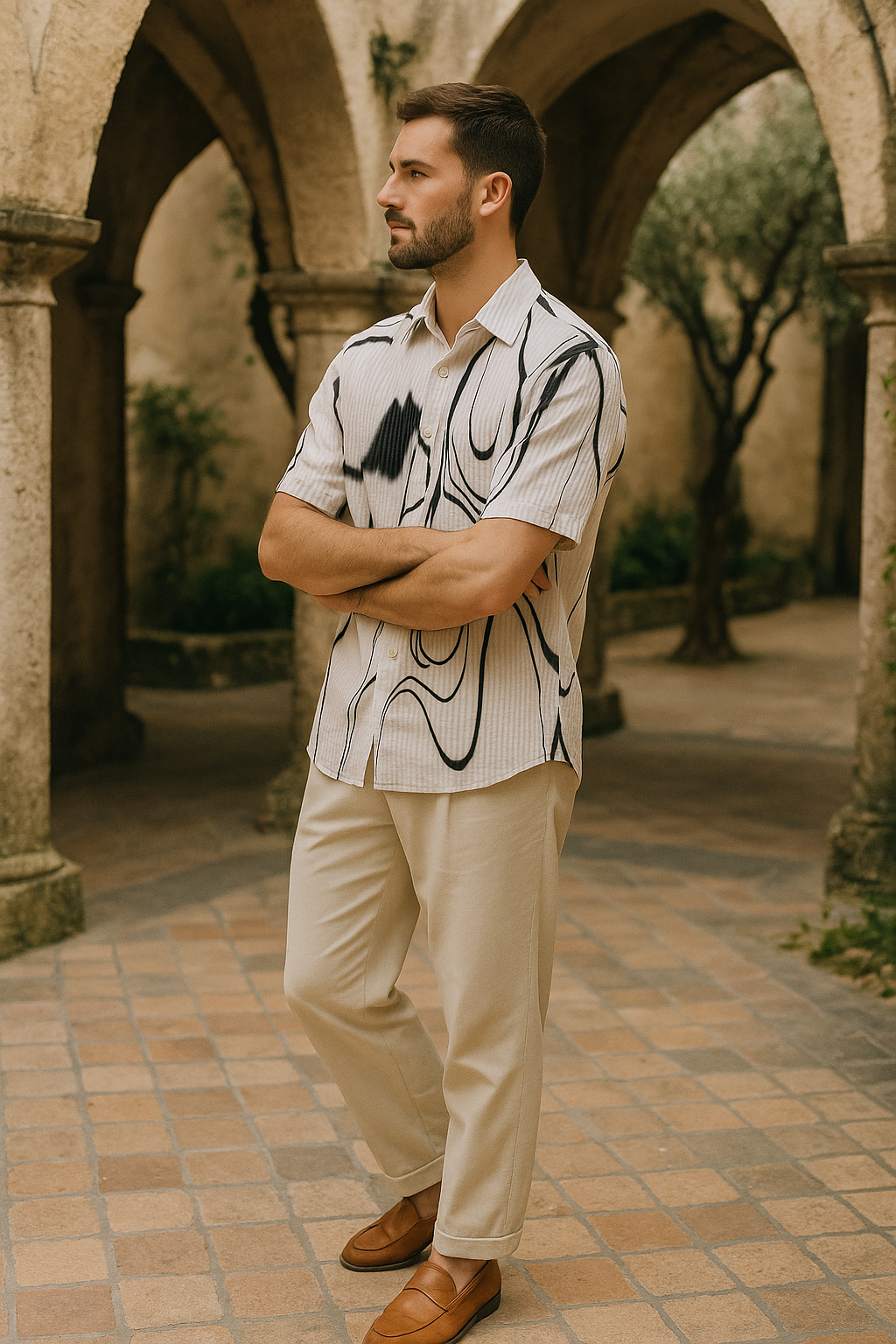 Men's Half-Sleeve Textured Shirt – Abstract Black Print on White