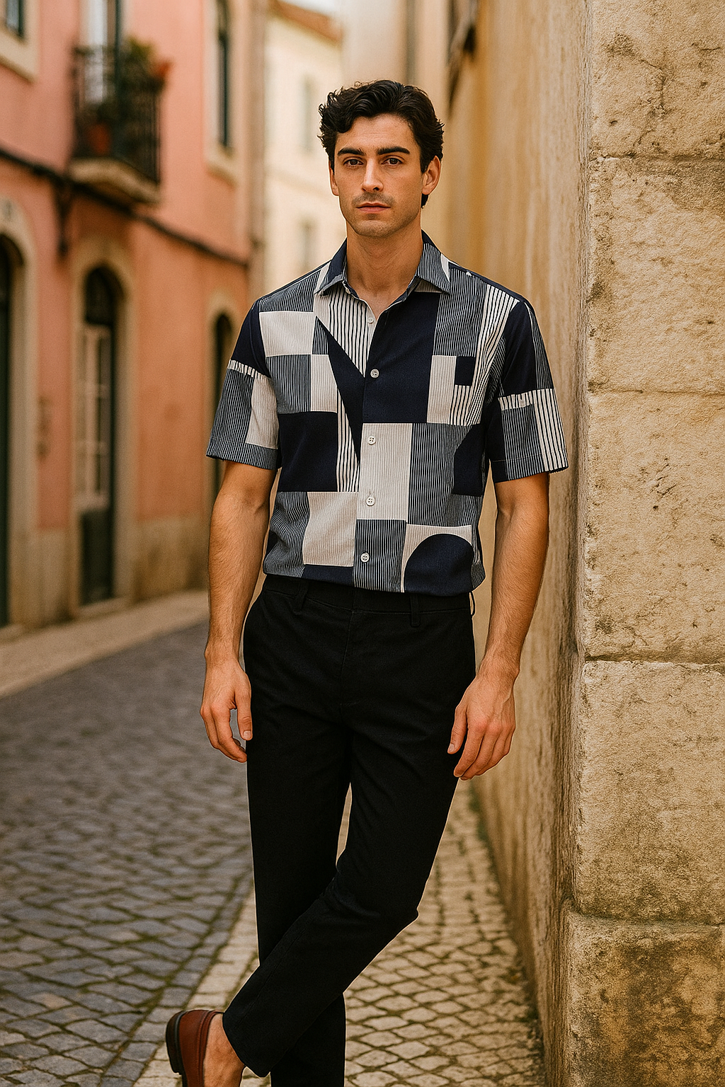 Men's Half-Sleeve Printed Shirt – Navy Geo Panel