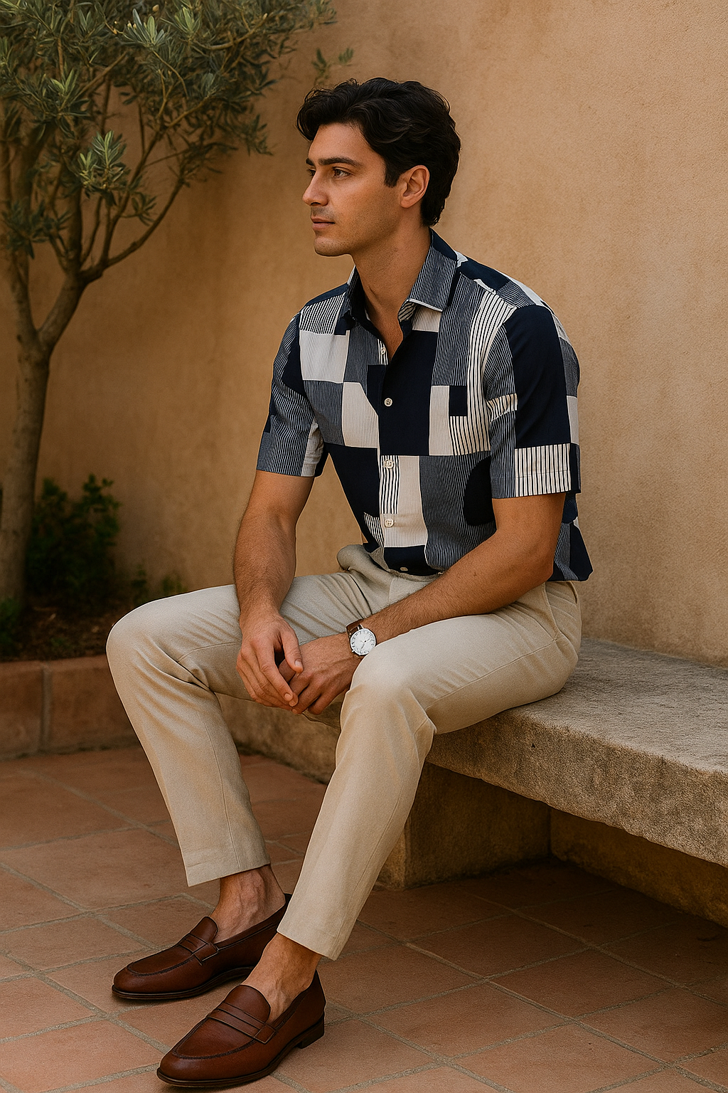 Men's Half-Sleeve Printed Shirt – Navy Geo Panel