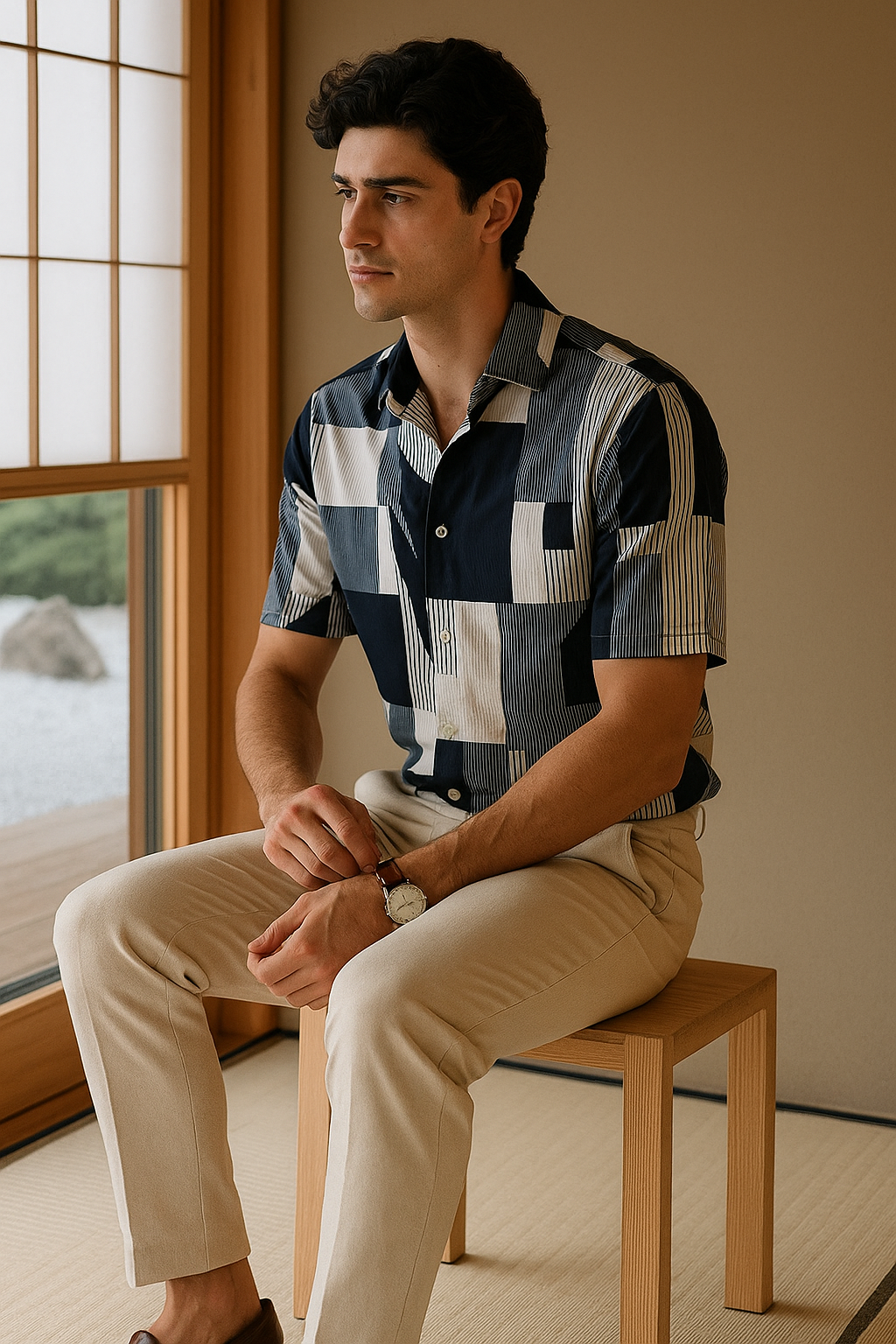 Men's Half-Sleeve Printed Shirt – Navy Geo Panel