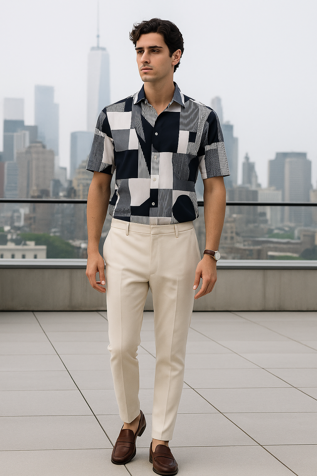 Men's Half-Sleeve Printed Shirt – Navy Geo Panel