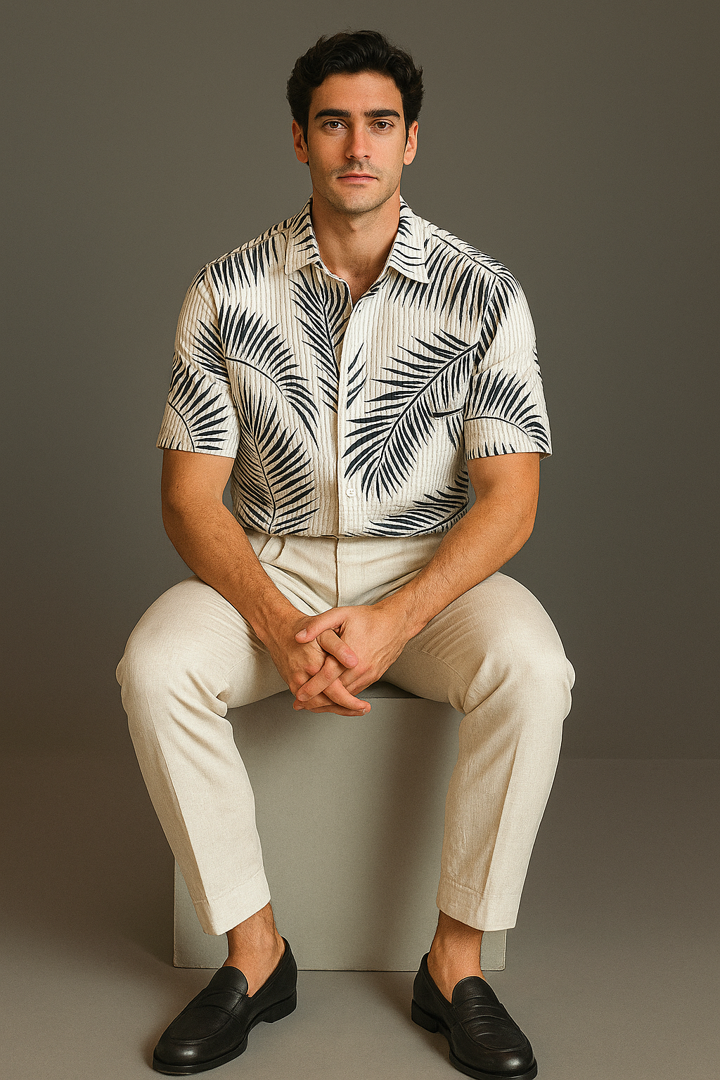 Men's Half-Sleeve Printed Textured Shirt – White & Black Palm Leaf